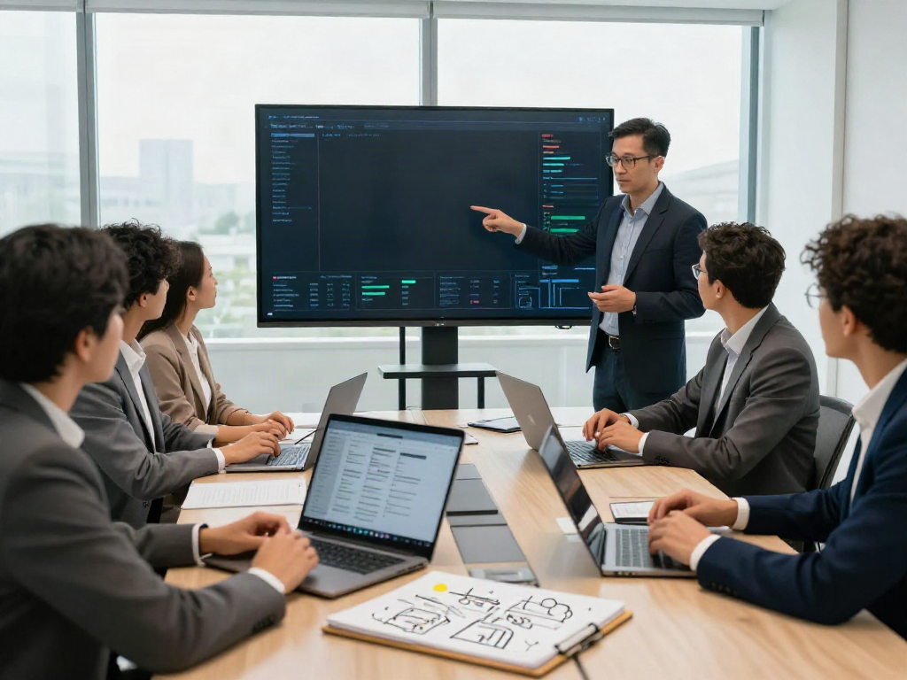 Team collaborating in deepfake free meetings showcasing technology and analytics.