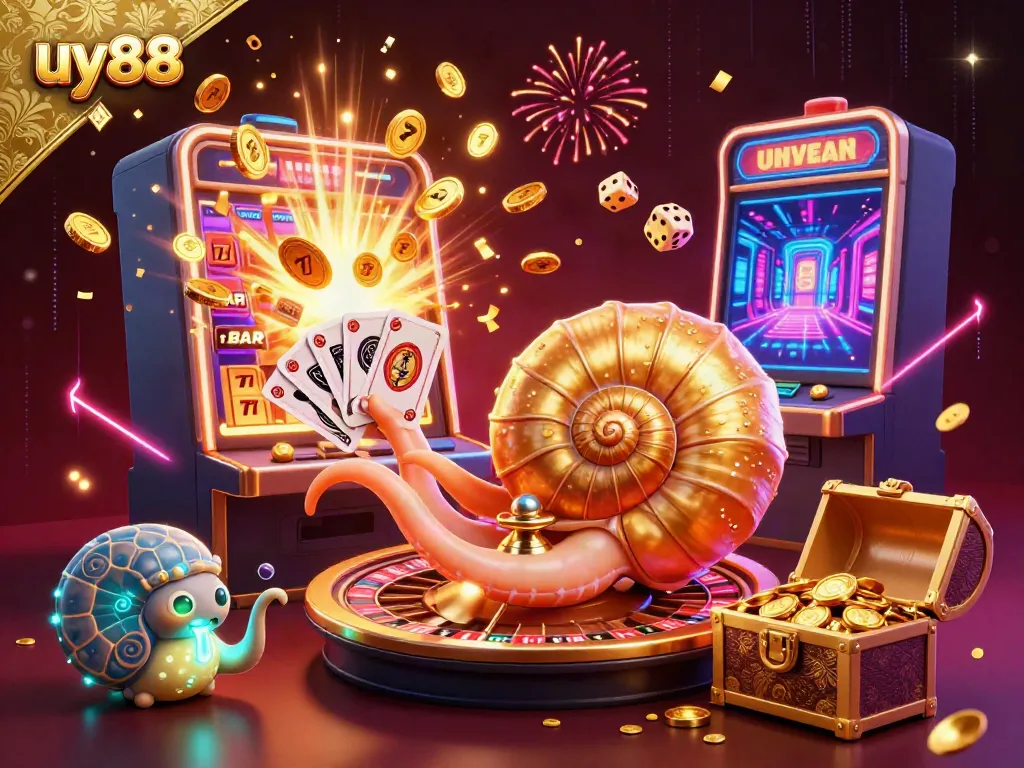 Experience the excitement of uy88 with vibrant casino elements, including a nautilus roulette wheel and slot machine jackpot.