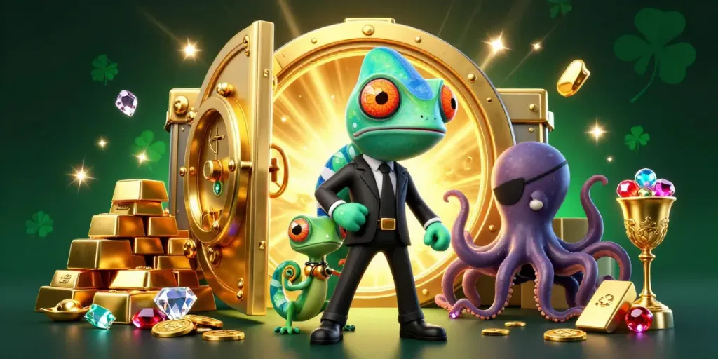 Experience thrilling action in situs slot with an engaging dynamic scene of colorful characters and gold treasures.