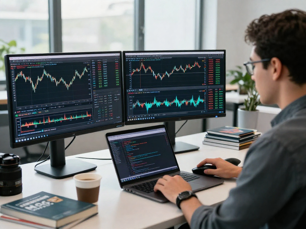 使用MetaTrader 5进行交易的专业交易工作区，显示多种图表和市场数据，环境现代且充满自然光。