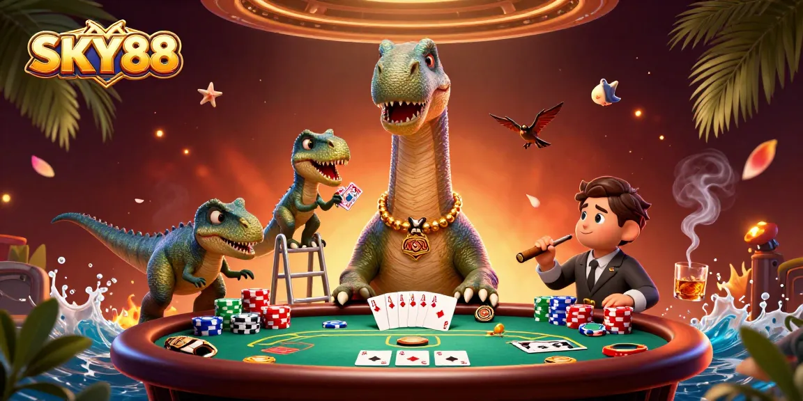 Engage with the exciting world of SKY88, showcasing a casino scene with a towering brontosaurus.