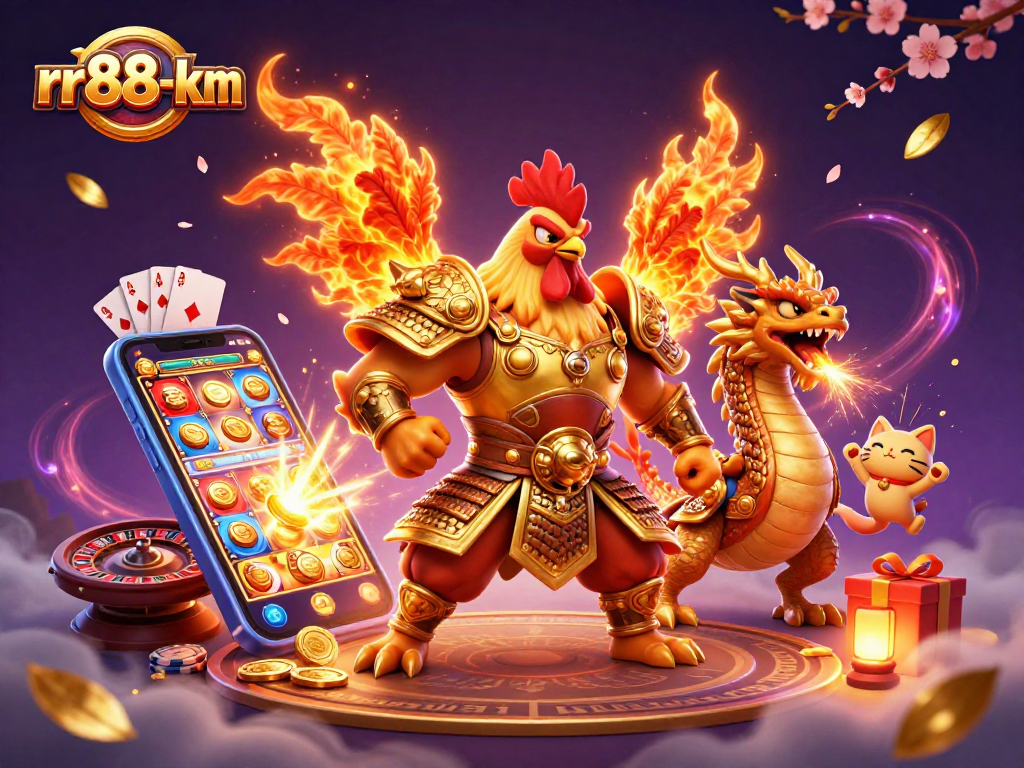 Engage with rr88-km for thrilling action featuring a rooster warrior and dragon hatchling in a vibrant casino scene.
