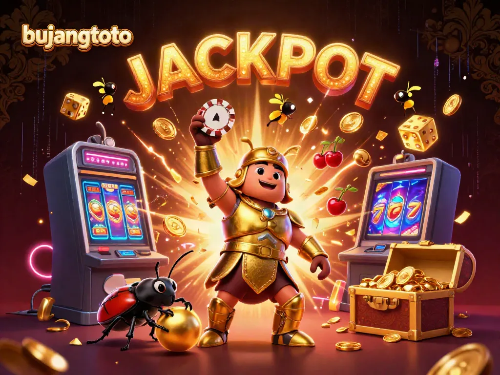 Spin with excitement at Bujangtoto's vibrant jackpot scene featuring animated beetles and a slot machine explosion.