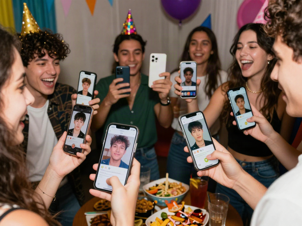 Friends at a party using a celebrity look alike app to find their matches.