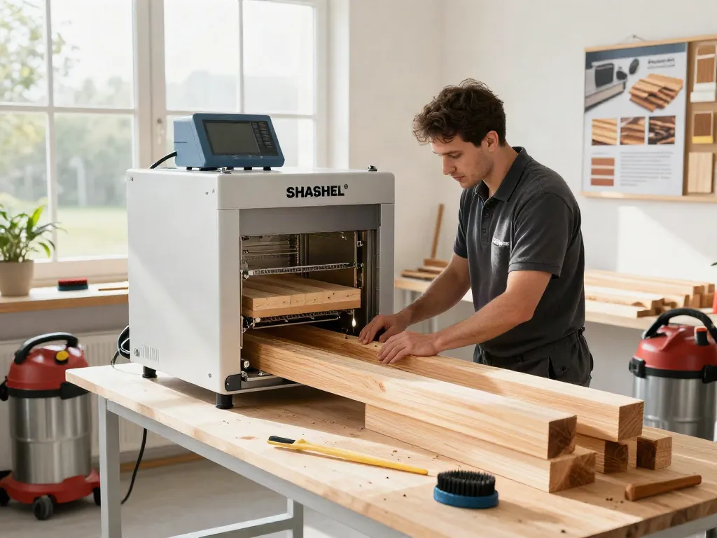 SHASHEL® microwave treatment equipment in a contemporary workshop eliminating wood-boring insects.