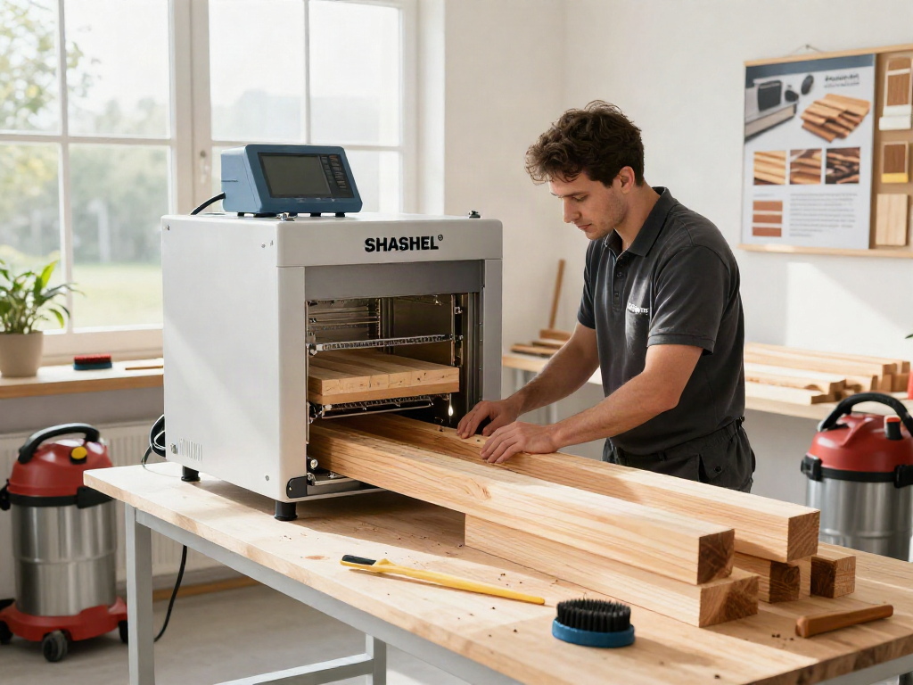 SHASHEL® microwave treatment equipment in a contemporary workshop eliminating wood-boring insects.