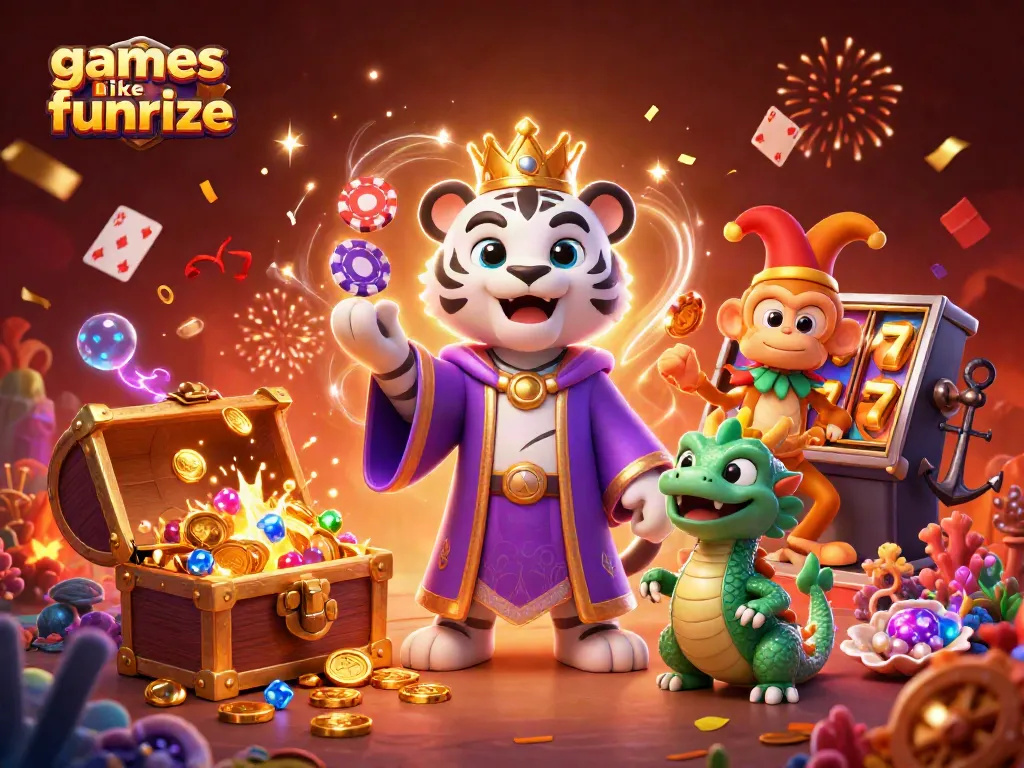Play exciting games like Funrize with slots, poker chips, and vibrant characters in a casino adventure