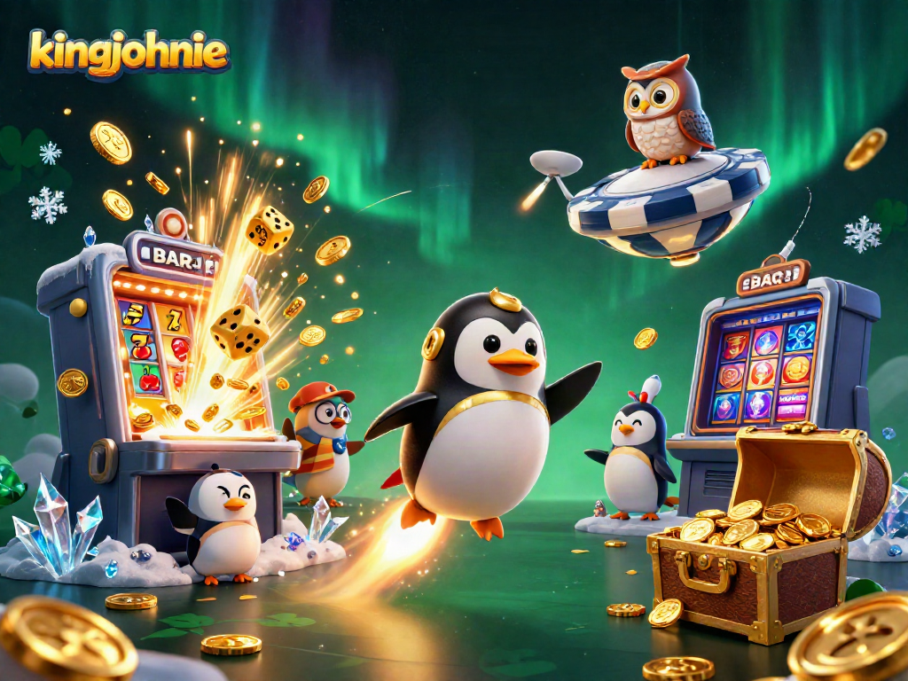 Experience the excitement of kingjohnnie casino with our vibrant 3D illustration showcasing a golden penguin amidst jackpot delights.