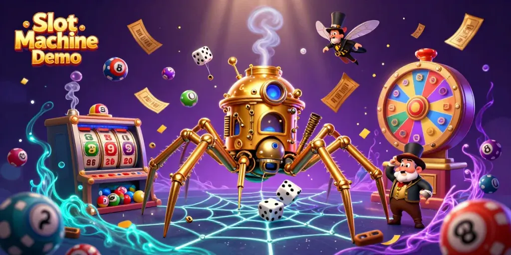 Experience Slot Machine Demo with a steampunk spider, as vibrant balls and prizes bounce dynamically in the scene.