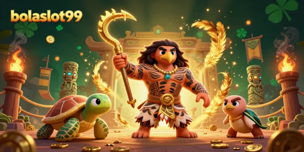Engage with bolaslot99 in a vibrant illustration of a demigod hawk and turtle in a cinematic gambling scene.