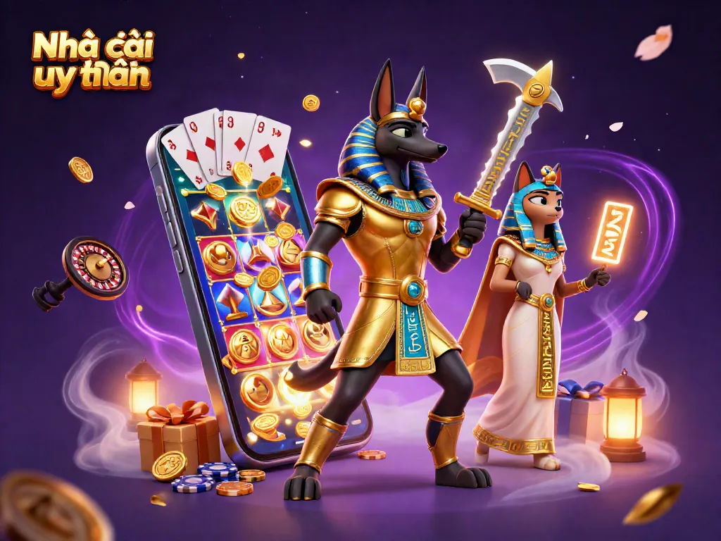 Engage with Nhà cái uy tín showcasing Anubis and Bastet amid vibrant casino elements.