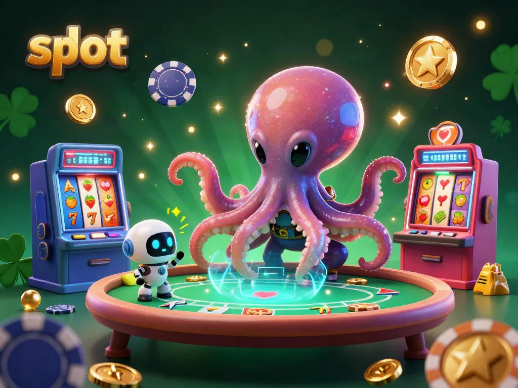 Experience vibrant slot gaming with an alien octopus and robot at a holographic poker table.