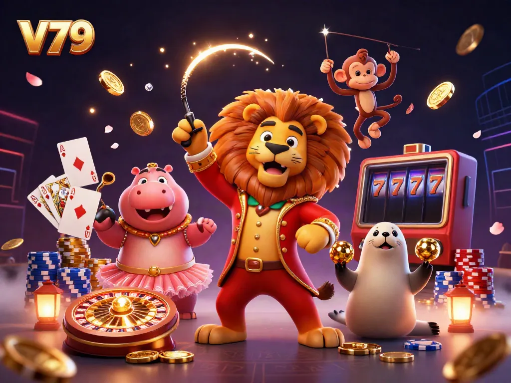 Experience the thrill of V79 casino with a lively illustration featuring playful characters and classic game elements.