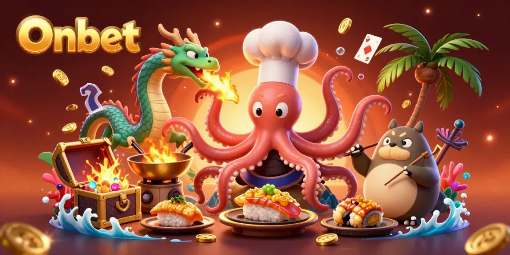 Experience Onbet's dynamic casino scene with an octopus chef, dragon, and tanuki customer amidst treasures.