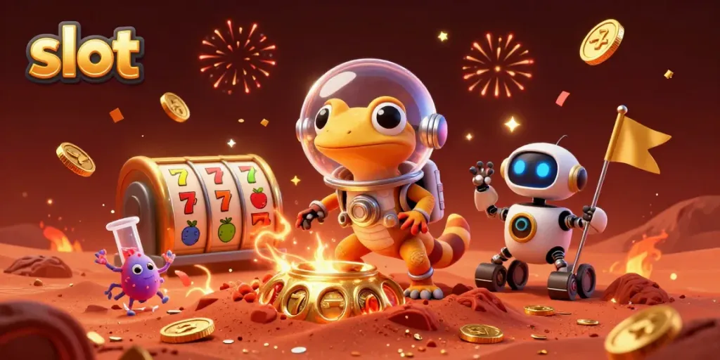 Slot berwarna cerah dalam ilustrasi 3D, menampilkan gecko Mars dan bendera robot di kasino emas.