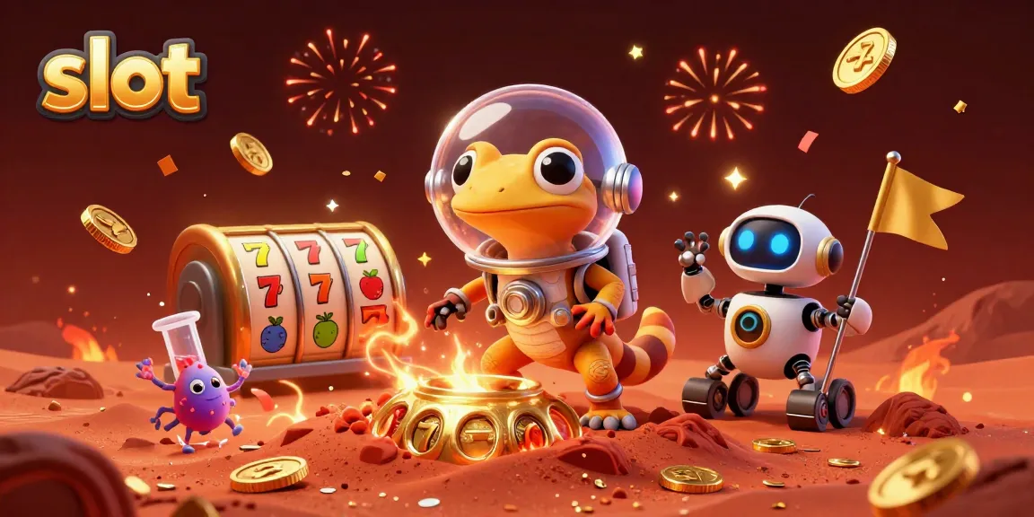 Slot berwarna cerah dalam ilustrasi 3D, menampilkan gecko Mars dan bendera robot di kasino emas.