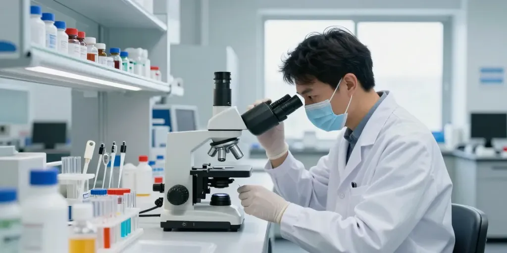 Researcher analyzing peptide samples, emphasizing peptide price comparison.