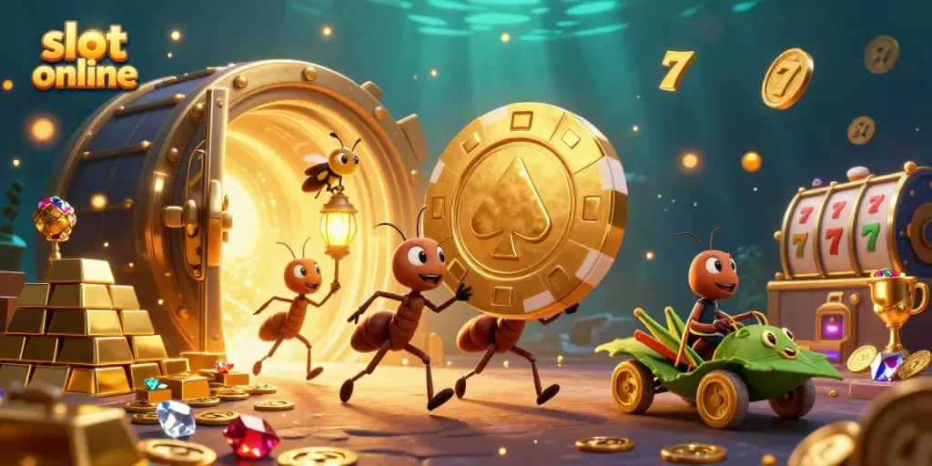 Engage in exciting slot online adventures with ants heisting a giant chip in a dynamic casino scene.
