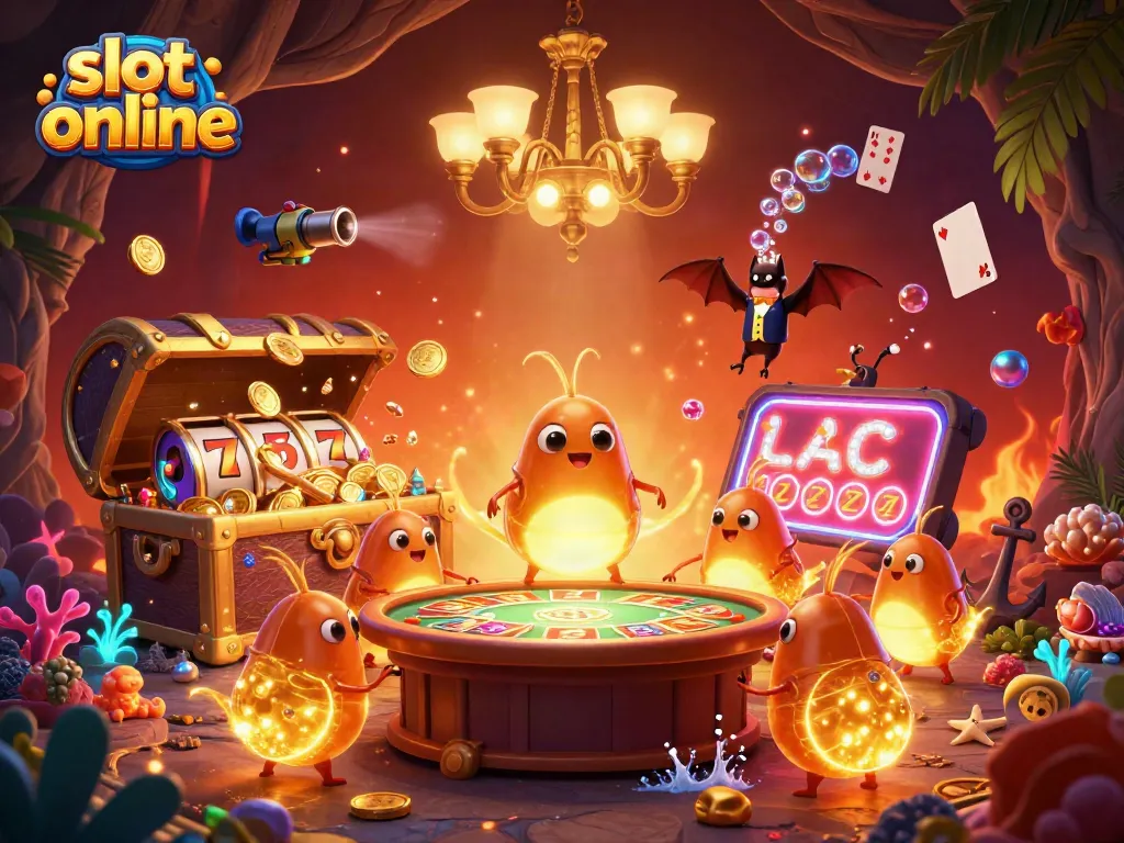 Engage in thrilling slot online gameplay surrounded by vibrant casino elements and glowworms lighting the scene.