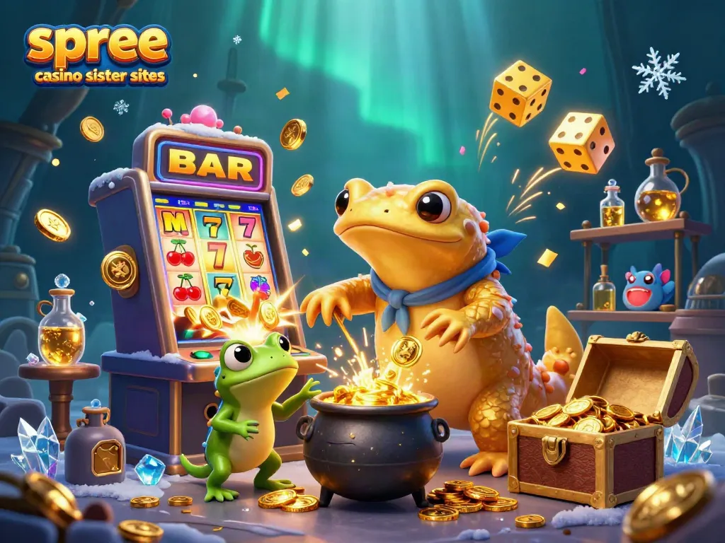 Engage with spree casino sister sites through a vibrant scene featuring alchemists and winning slot machines.