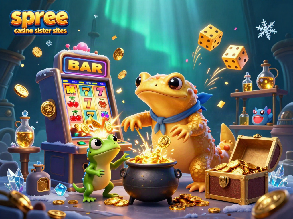 Engage with spree casino sister sites through a vibrant scene featuring alchemists and winning slot machines.