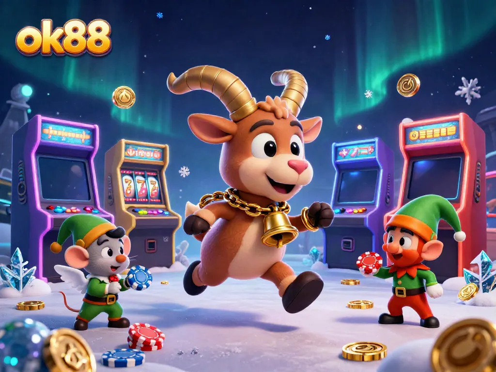Engage in thrilling games at ok88 with a festive casino scene featuring animated characters.