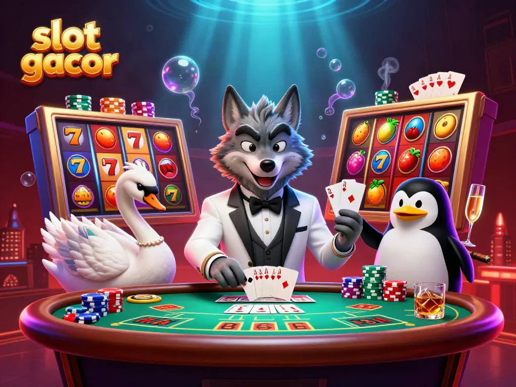Engage in slot gacor with a glamorous casino scene featuring vibrant characters and slot mechanics.