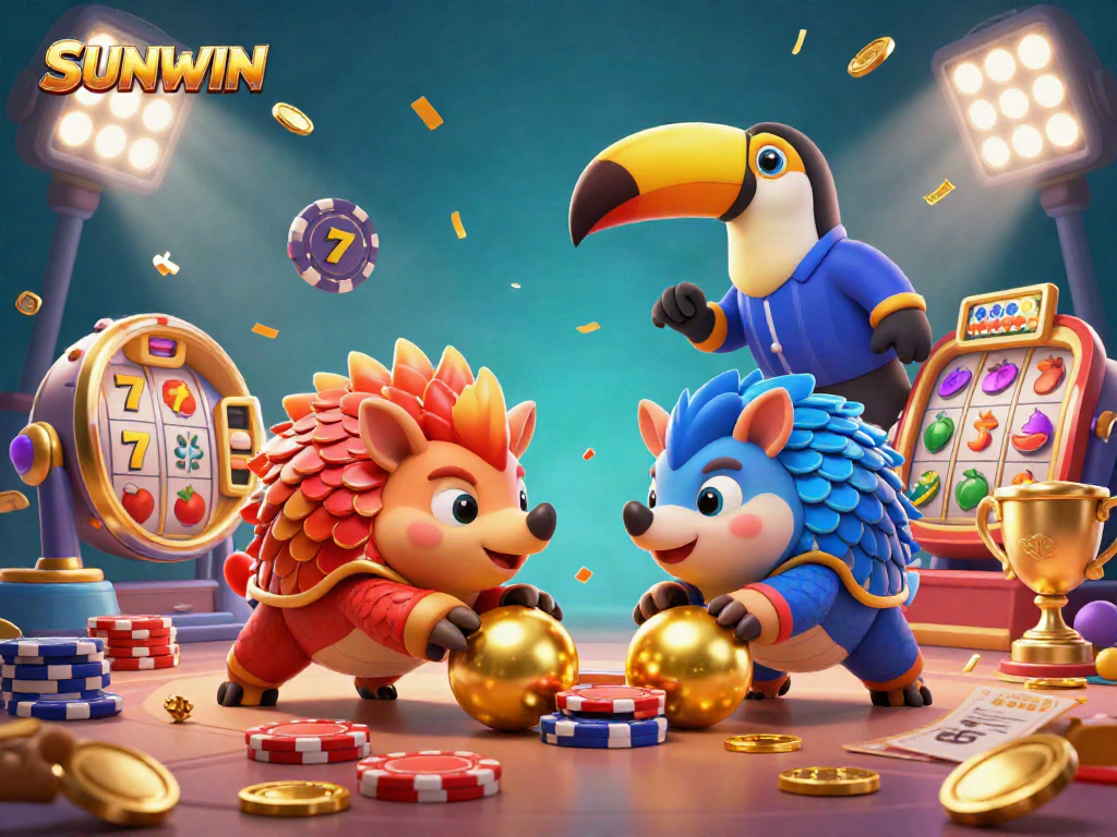 Witness the exciting SUNWIN pangolin rivals in a vibrant 3D casino scene filled with colorful slot symbols.