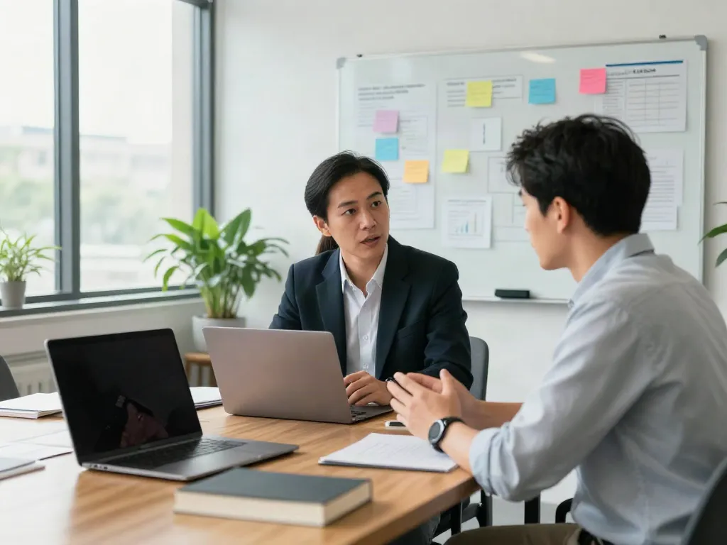 PedroVazPaulo Executive Coaching session between coach and executive in modern office.