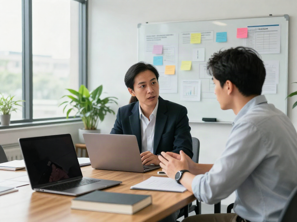 PedroVazPaulo Executive Coaching session between coach and executive in modern office.
