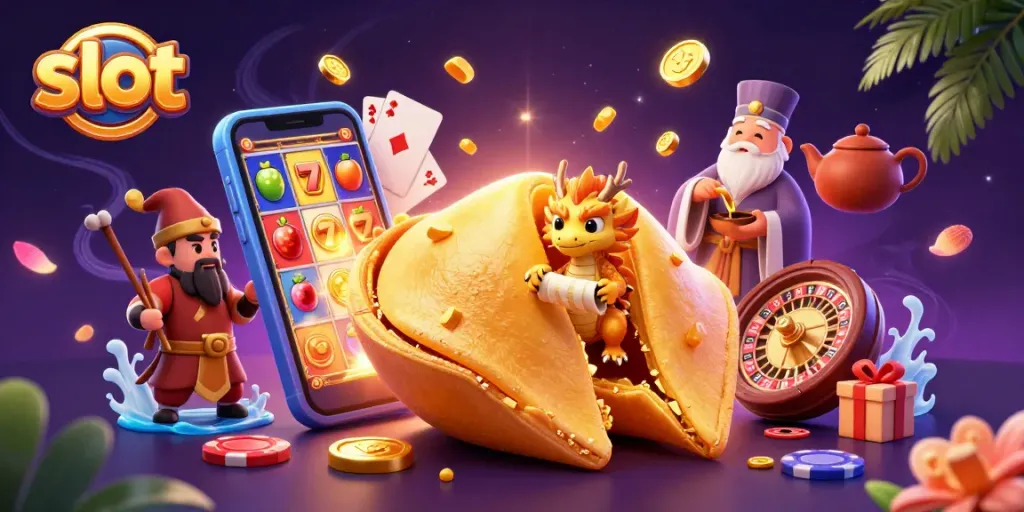 Mesin slot yang mempesona dengan simbol beruntung, koin emas melimpah dalam permainan kasino