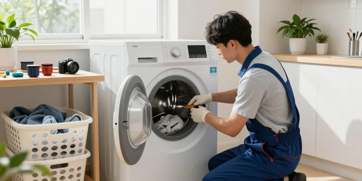 Expert washing machine repair service in a bright home laundry room with technician and tools.