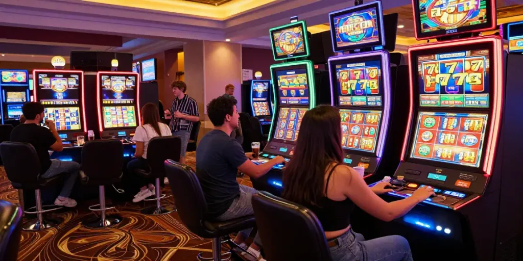Grup teman bermain game slot777 dengan suasana kasino yang meriah.
