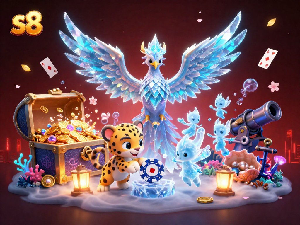 Play and win at S8 casino with an enchanting 3D illustration featuring a magical phoenix and glowing sprites.