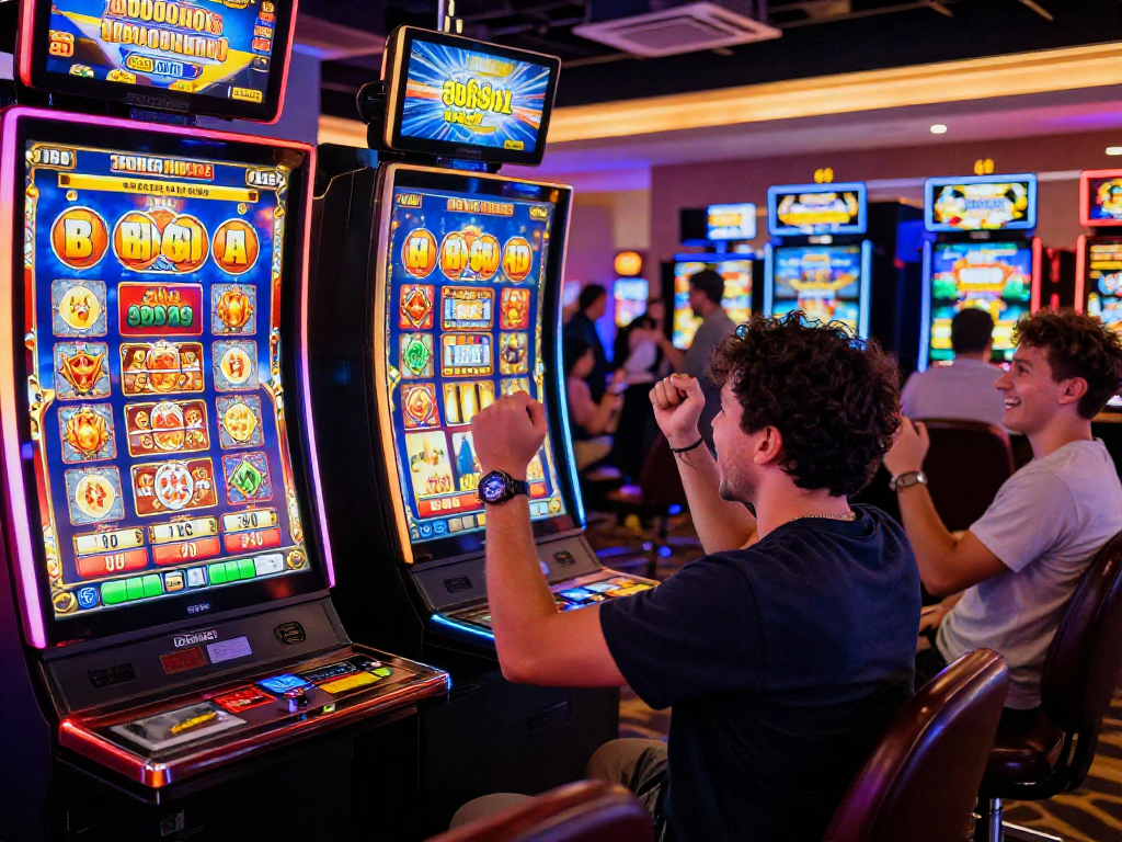 Player celebrating a big win on bonus buy slots in a vibrant online casino setting with colorful machines and joyful atmosphere.