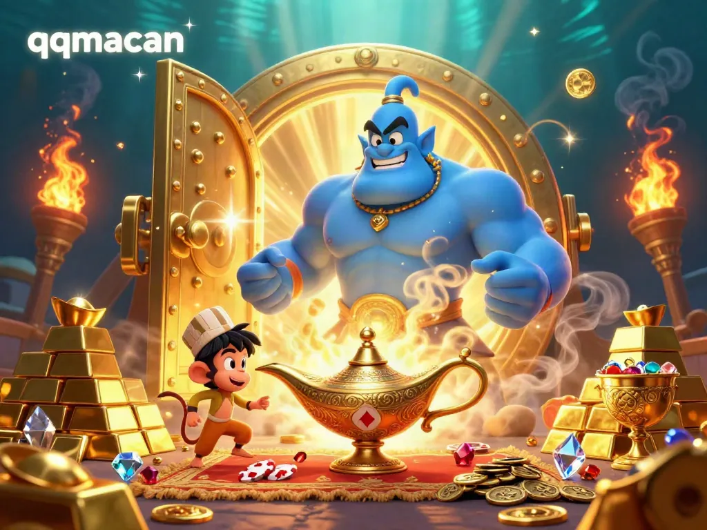 Experience the magic of qqmacan with a genie, poker chips, and treasures amidst a dazzling backdrop.