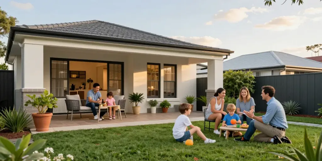 Families discussing home loans brisbane on a sunny patio with a mortgage broker.