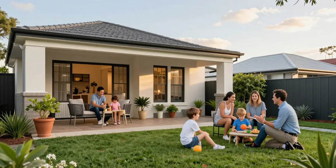Families discussing home loans brisbane on a sunny patio with a mortgage broker.
