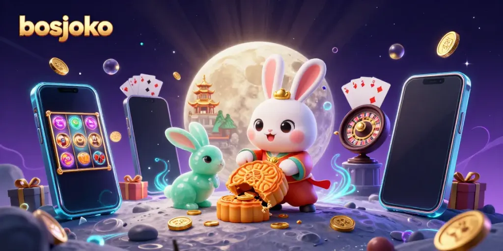 Experience the thrill of bosjoko with a vibrant 3D illustration of a moon rabbit and casino elements.