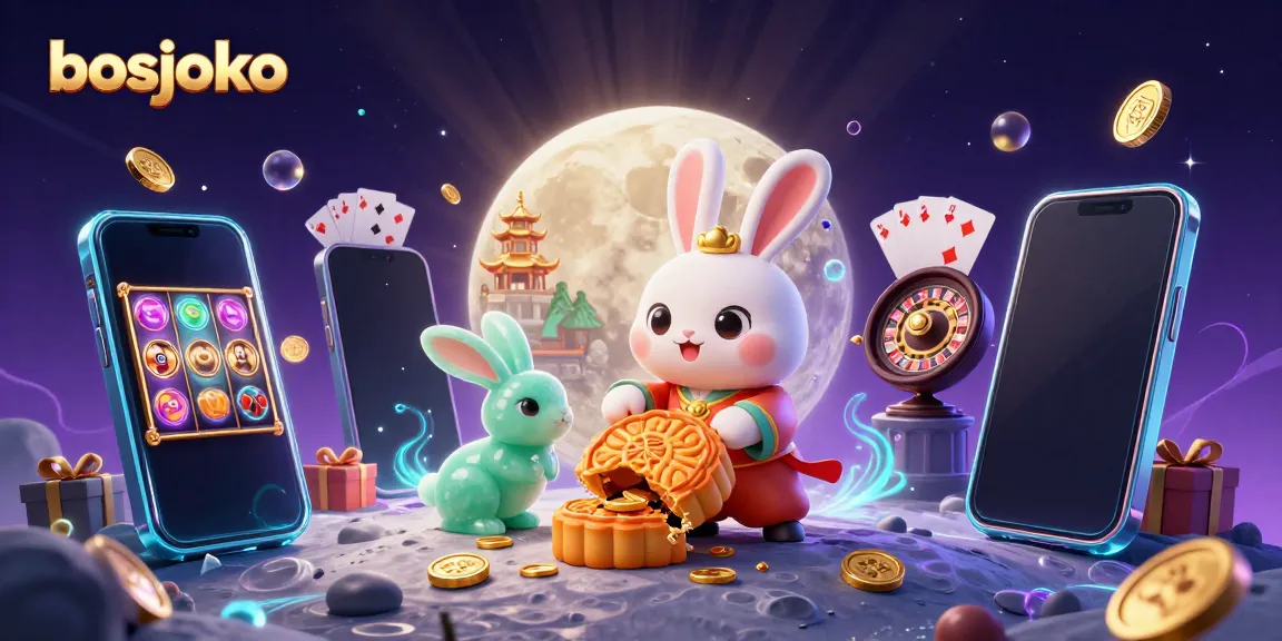 Experience the thrill of bosjoko with a vibrant 3D illustration of a moon rabbit and casino elements.