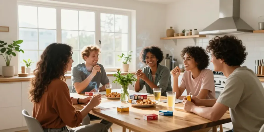 Engaging friends discussing benefits of wholesale cigarette online with healthy snacks in cozy kitchen.