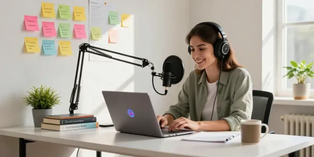 AI voice recording transcription for content creators in a vibrant home office.
