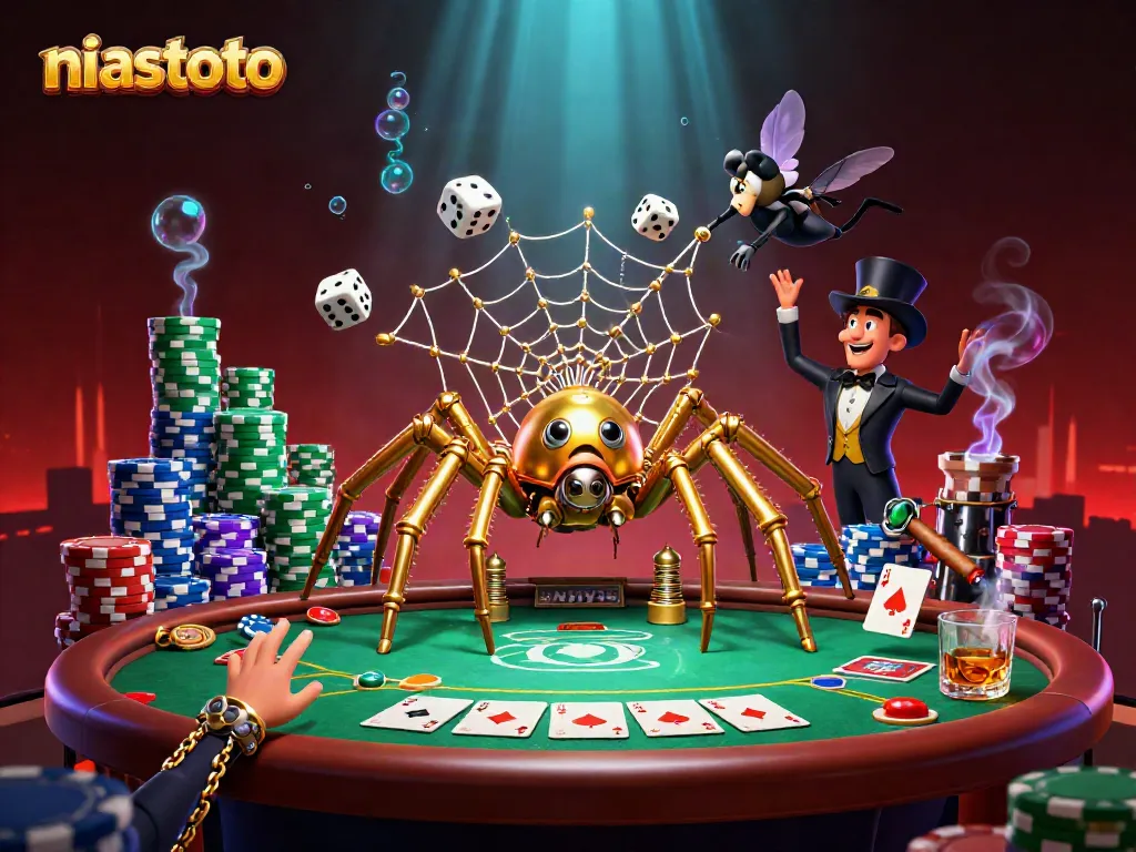NIASTOTO showcases a steampunk spider and dice in a vibrant casino-themed illustration, highlighting jackpot excitement.