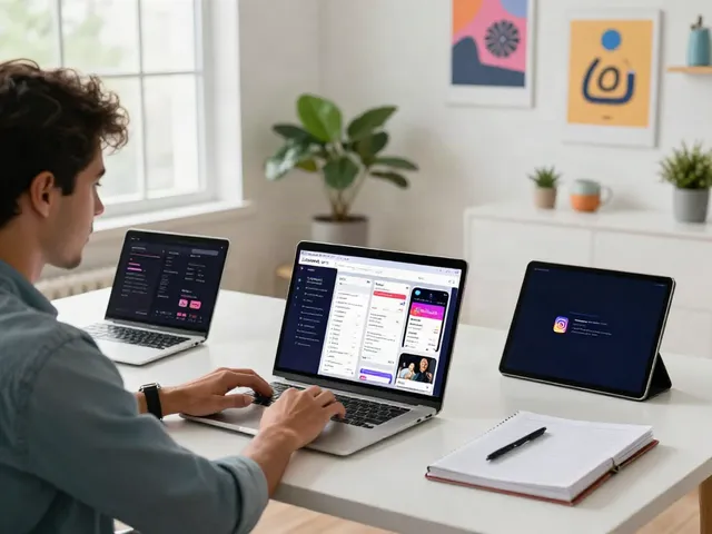 Engaged professional using Insanony to view Instagram stories in a modern workspace