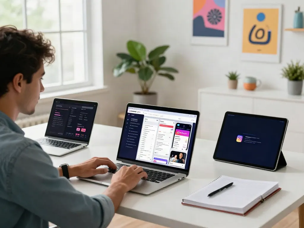 Engaged professional using Insanony to view Instagram stories in a modern workspace