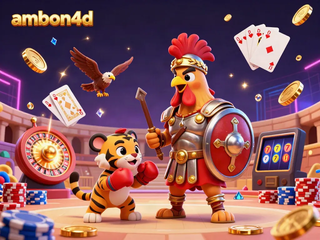 Experience the thrills of ambon4d with a vibrant 3D casino scene featuring a gladiator rooster and dazzling game elements.
