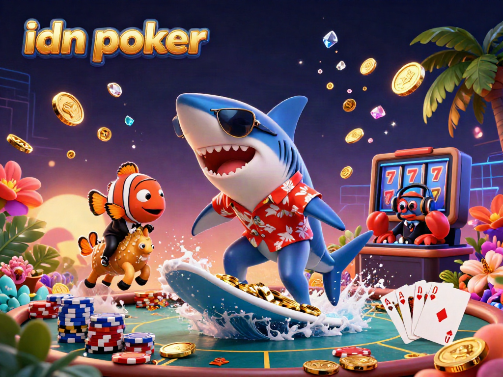 Experience idn poker excitement with a playful underwater scene featuring vibrant characters and casino elements.