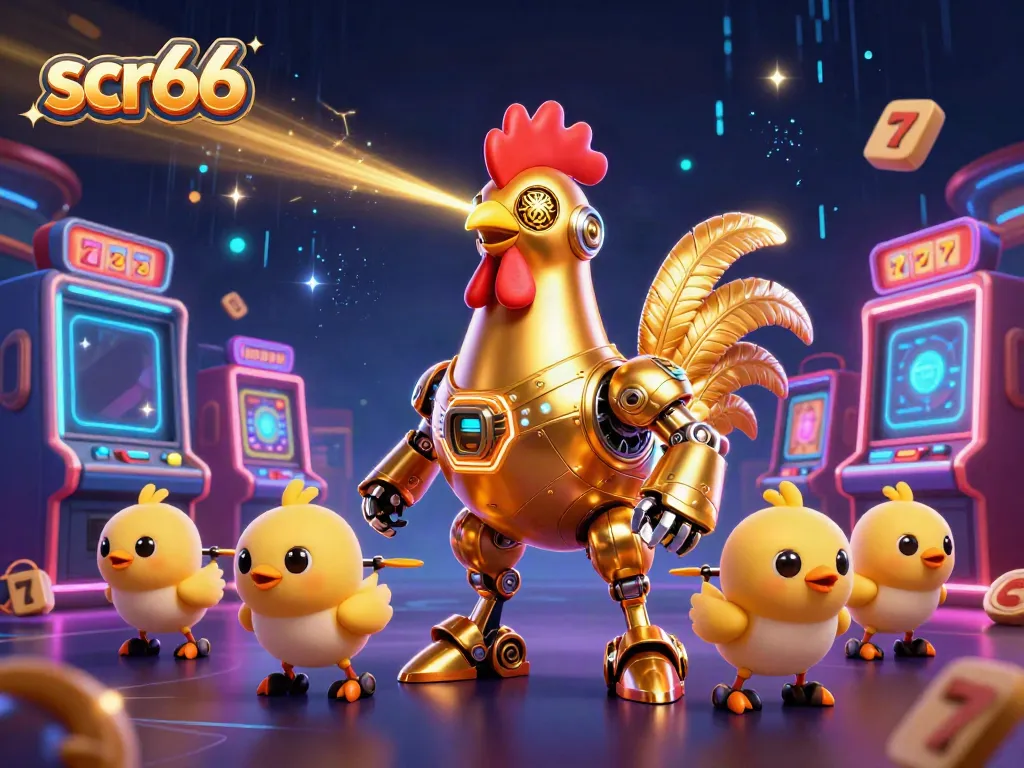 Engage in thrilling wins with scr66 at this vibrant casino illustration featuring a golden rooster robot.