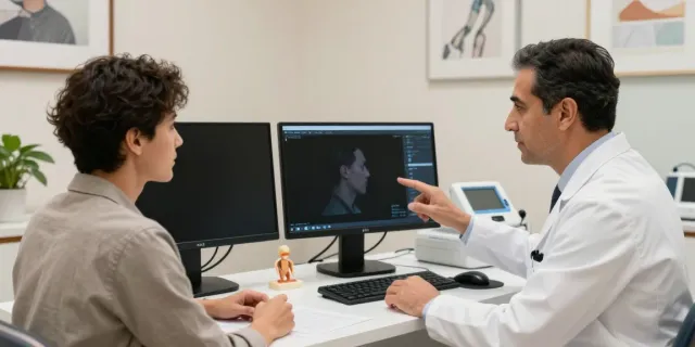 Dr Chacra consulting with patient on rhinoplasty options using 3D imaging technology in a modern clinic.