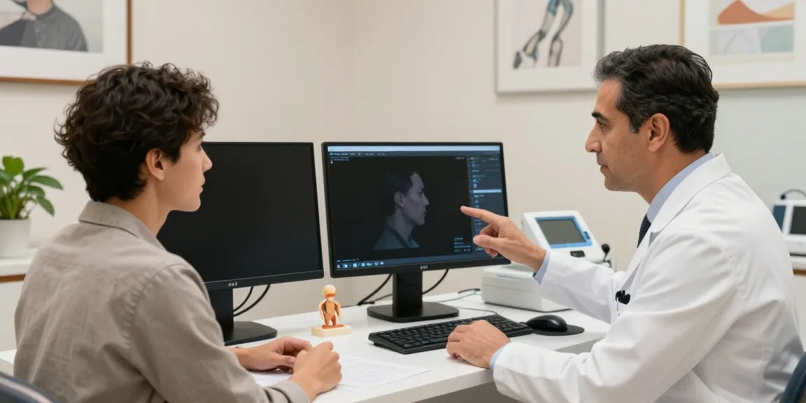 Dr Chacra consulting with patient on rhinoplasty options using 3D imaging technology in a modern clinic.